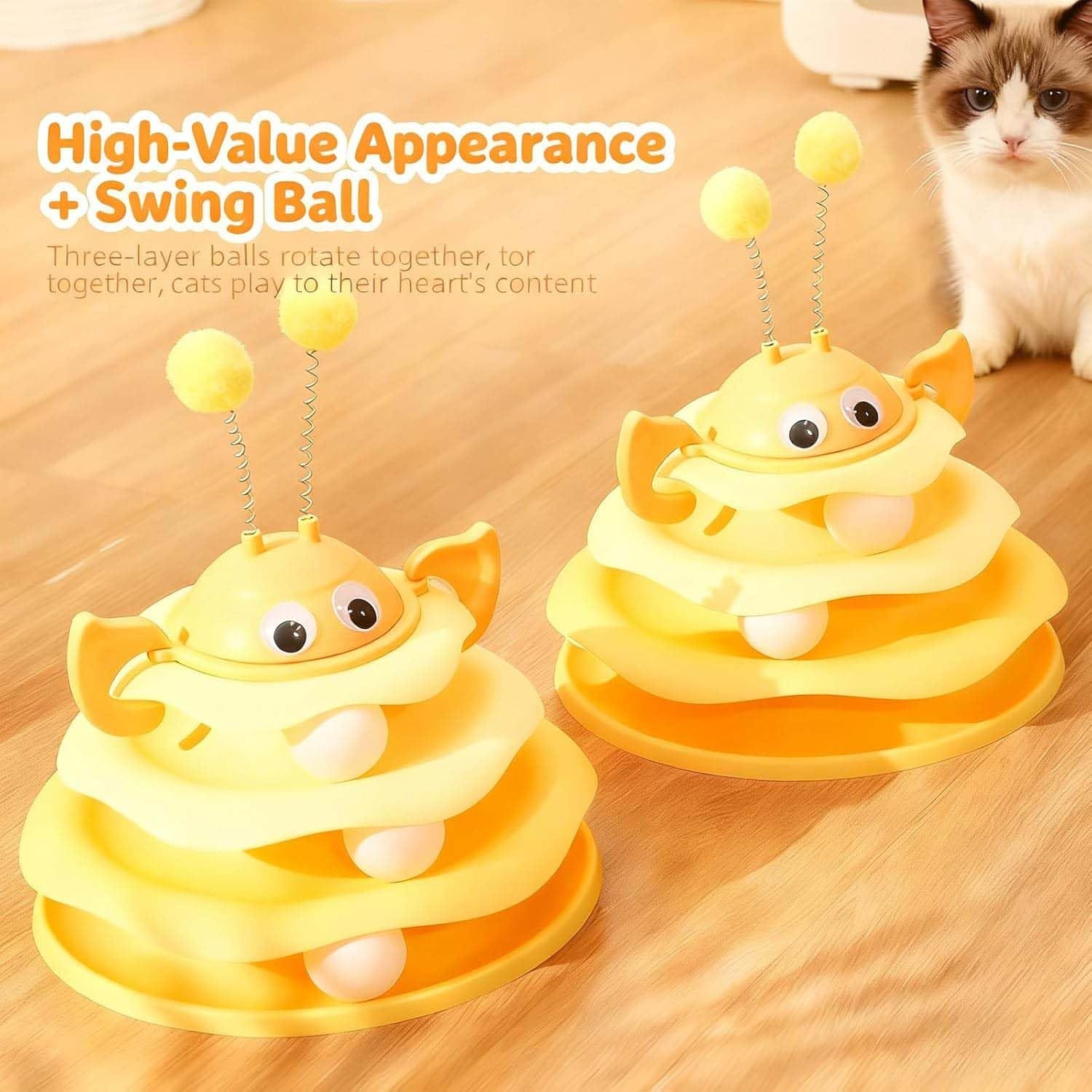 Interactive 3-Layer Cat Toy Tower with Rotating Bee and Rolling Ball