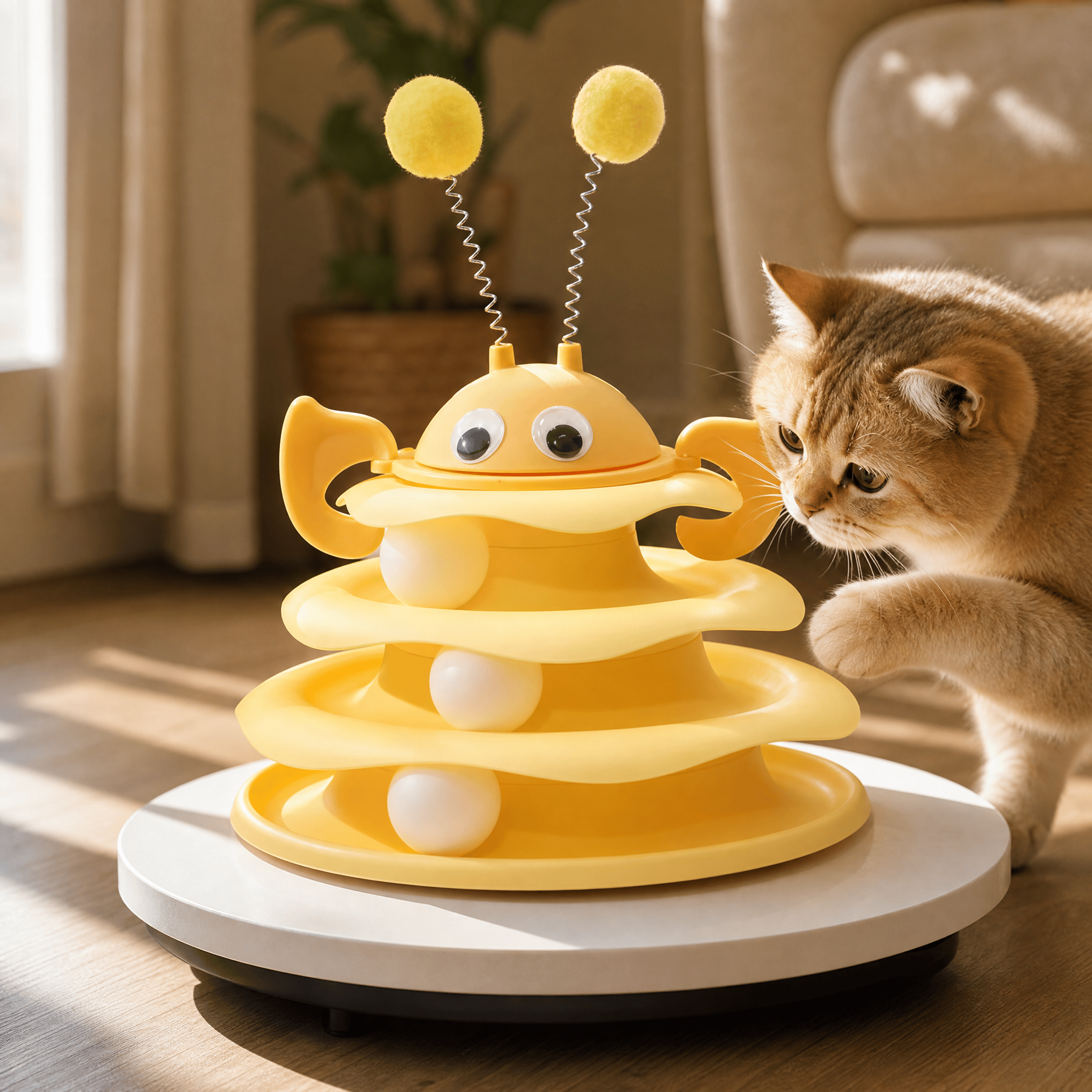 Interactive 3-Layer Cat Toy Tower with Rotating Bee and Rolling Ball