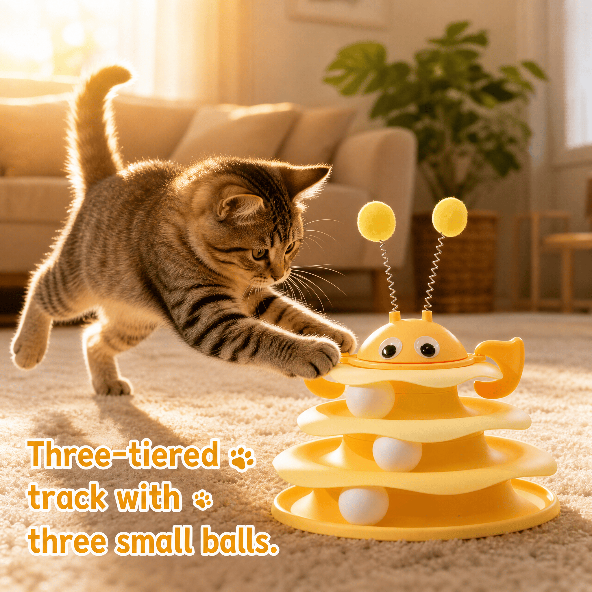 Interactive 3-Layer Cat Toy Tower with Rotating Bee and Rolling Ball
