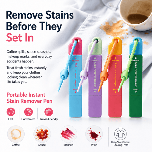 Portable Instant Stain Remover Pen for Clothes, Travel-Friendly Spot Cleaner with Built-in Brush Applicator, Quick Treatment for Coffee, Wine, Sauce, Makeup & Everyday Fabric Stains