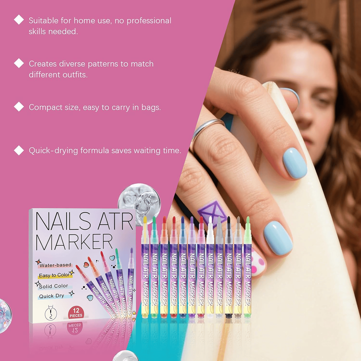 Nail Doodle Pens | Quick-Drying 3D Paint Beauty Supplies ACE | 12 Colors