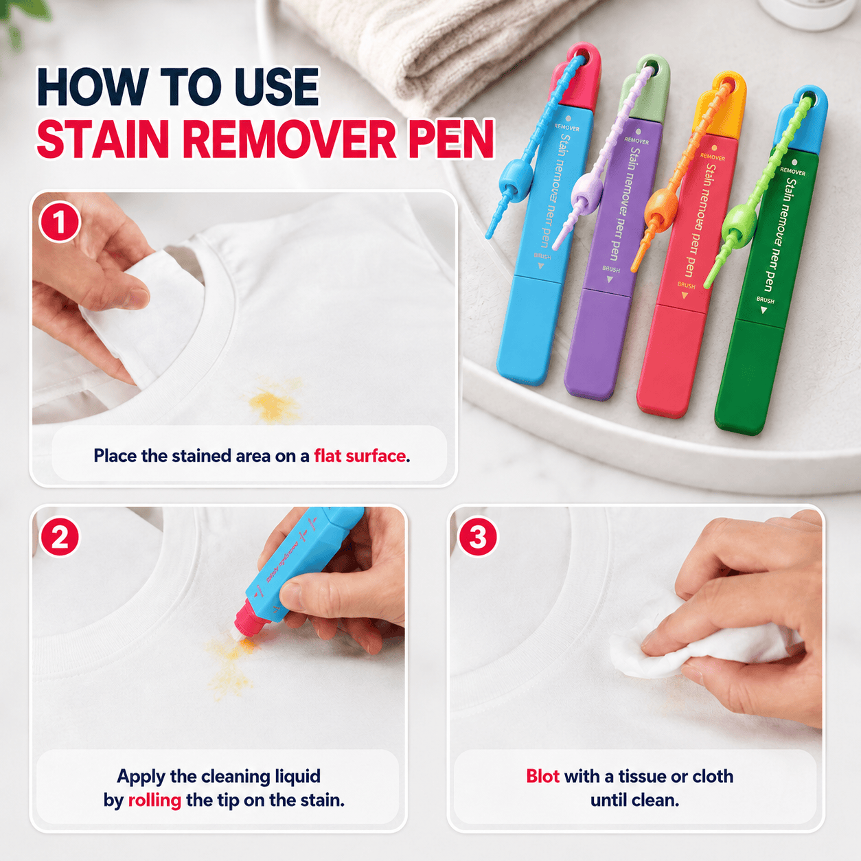 Portable Instant Stain Remover Pen for Clothes, Travel-Friendly Spot Cleaner with Built-in Brush Applicator, Quick Treatment for Coffee, Wine, Sauce, Makeup & Everyday Fabric Stains