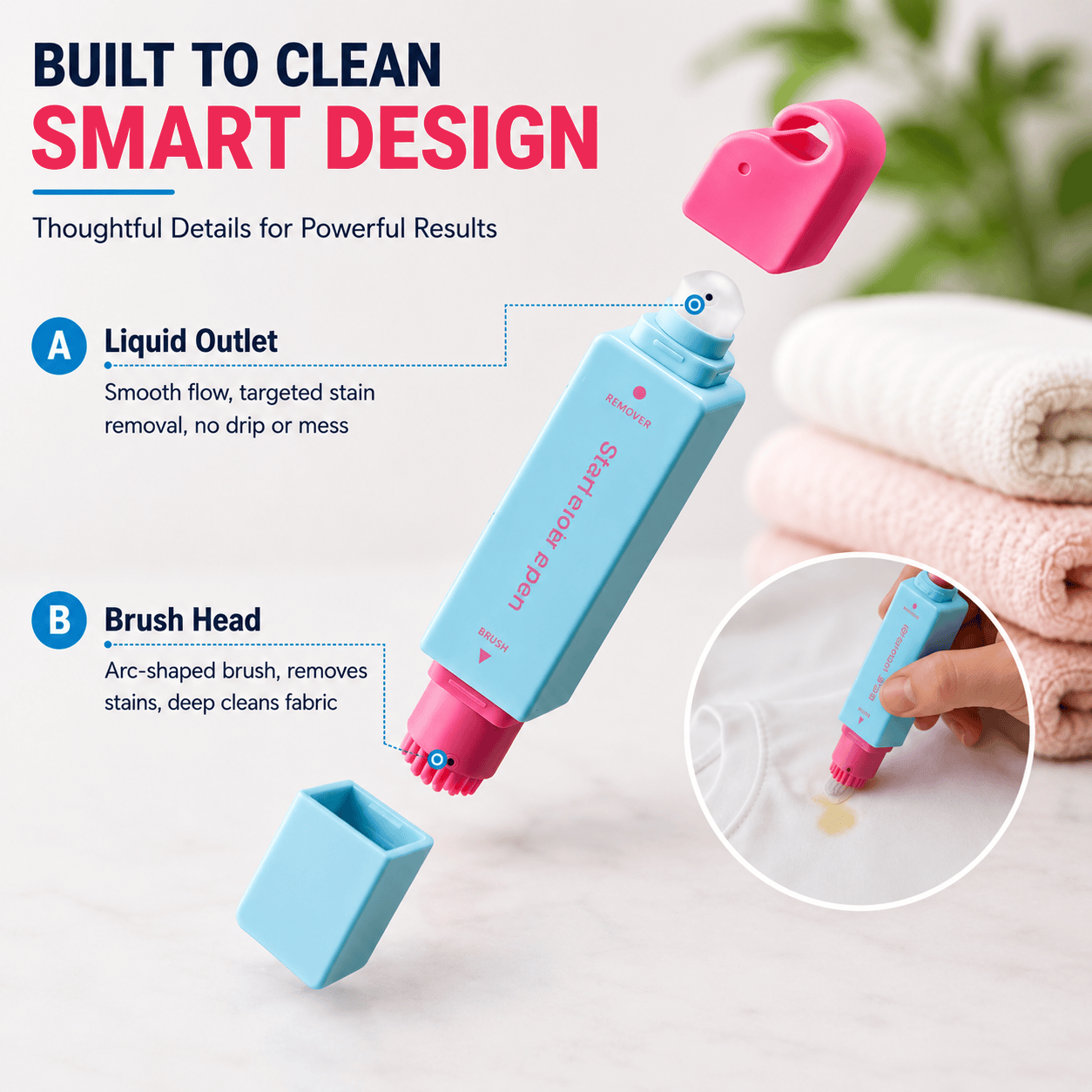 Portable Instant Stain Remover Pen for Clothes, Travel-Friendly Spot Cleaner with Built-in Brush Applicator, Quick Treatment for Coffee, Wine, Sauce, Makeup & Everyday Fabric Stains