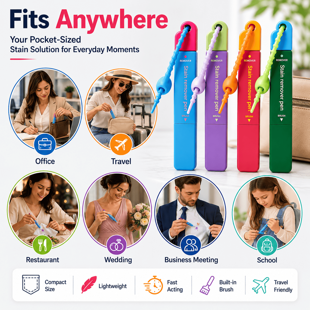 Portable Instant Stain Remover Pen for Clothes, Travel-Friendly Spot Cleaner with Built-in Brush Applicator, Quick Treatment for Coffee, Wine, Sauce, Makeup & Everyday Fabric Stains