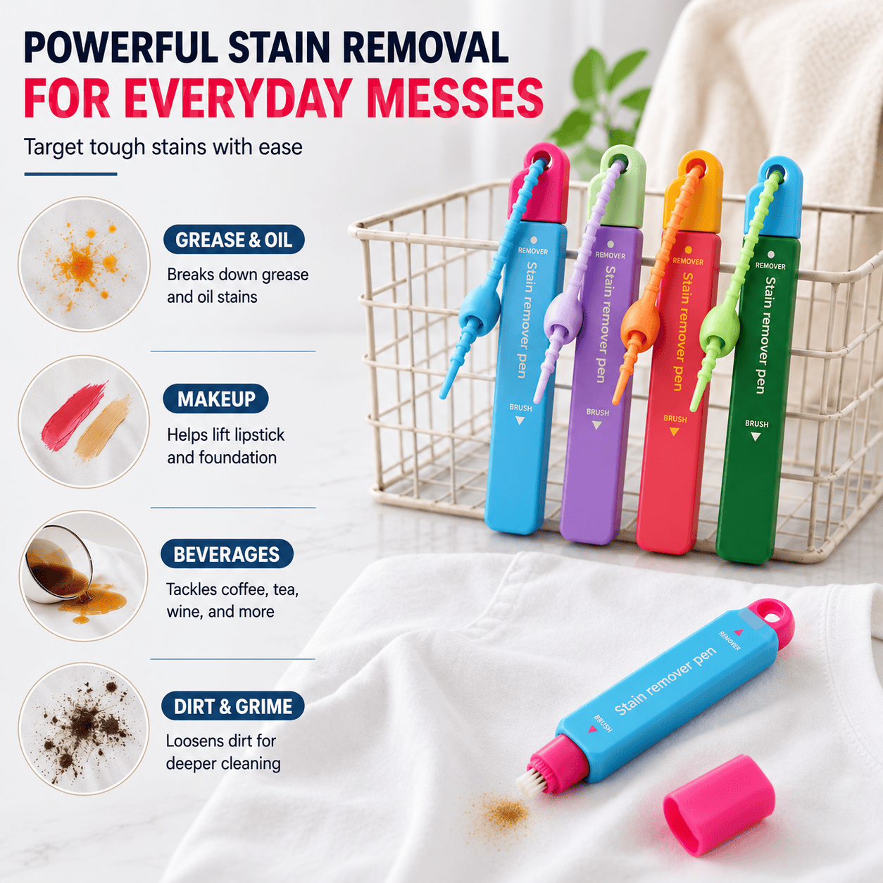 Portable Instant Stain Remover Pen for Clothes, Travel-Friendly Spot Cleaner with Built-in Brush Applicator, Quick Treatment for Coffee, Wine, Sauce, Makeup & Everyday Fabric Stains