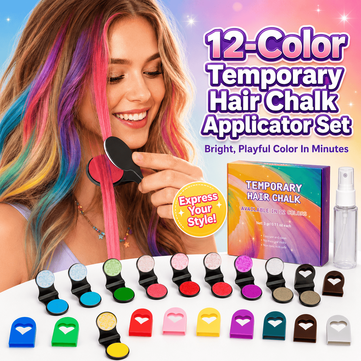 ⏳🔥LIMITED-TIME 50% OFF! ⏰🌈 12-Color Temporary Hair Chalk Applicator Set