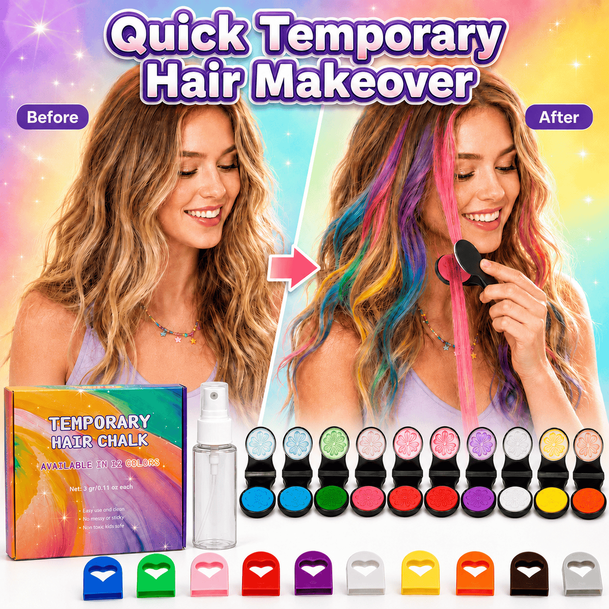 ⏳🔥LIMITED-TIME 50% OFF! ⏰🌈 12-Color Temporary Hair Chalk Applicator Set