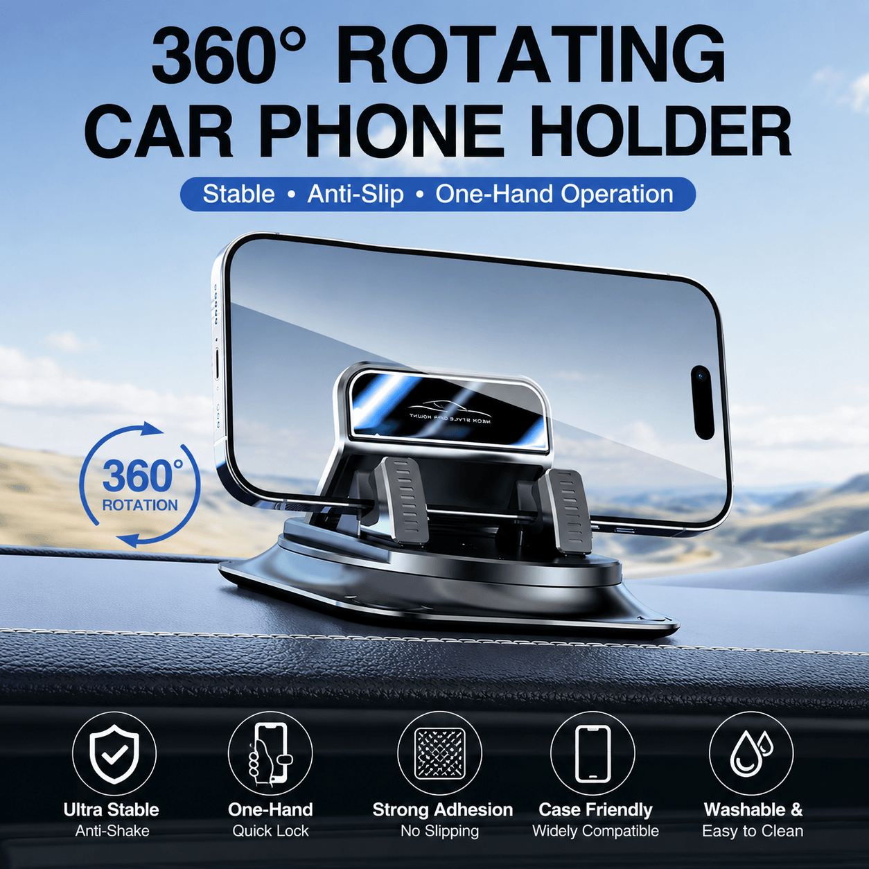 360° Rotating Car Phone Holder – Stable Grip • One-Hand Operation • Anti-Slip Protection 1