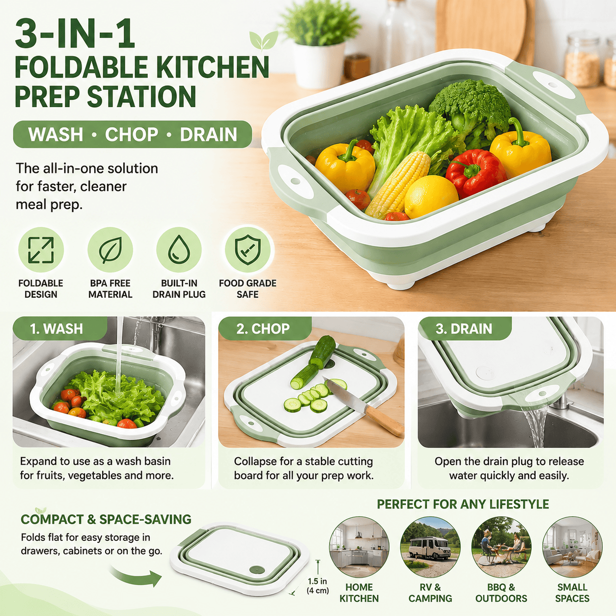 3-in-1 Foldable Kitchen Prep Station