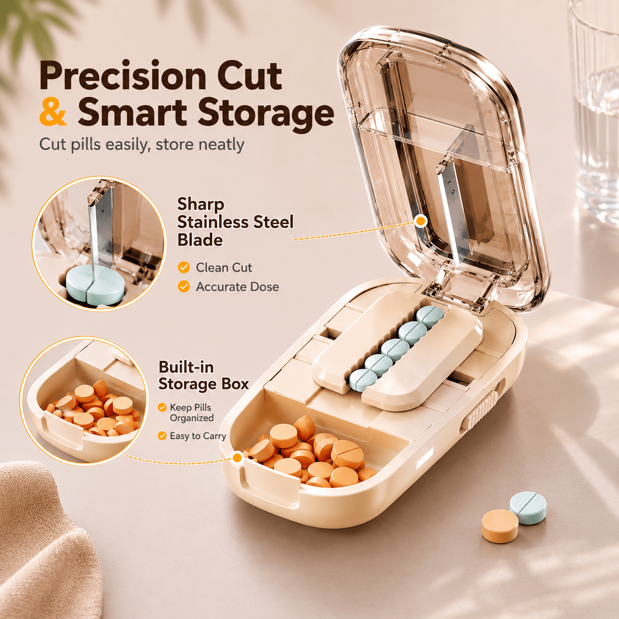 Upgrade-Designed Compact 3-in-1 Pill Splitter Organizer