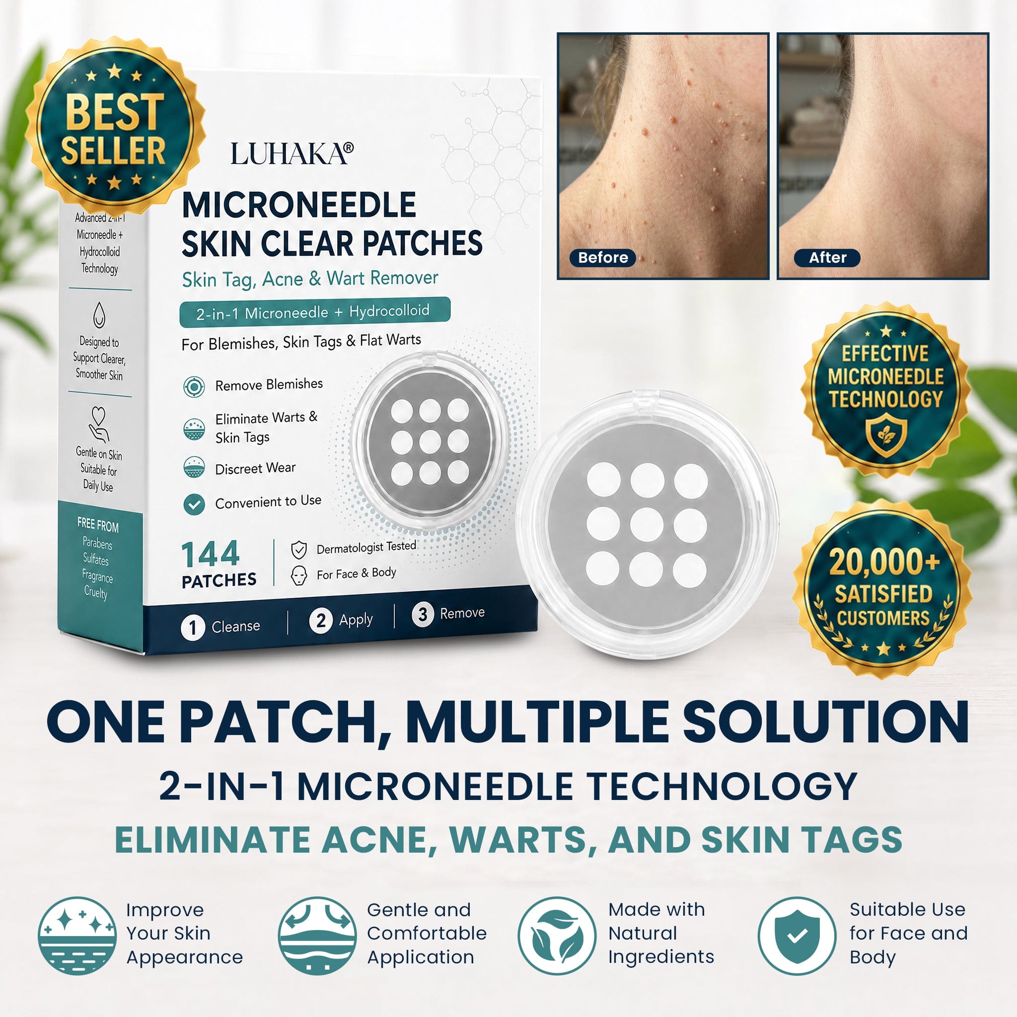 🌟 Luhaka® 2-in-1 Microneedle & Hydrocolloid Patch 🌿 A Dual-Action Solution for Face & Body Care—Helps Improve the Look of Moles, Acne, Flat Warts, Skin Tags, Wrinkles, Scars, and Other Common Skin Concerns ace 1